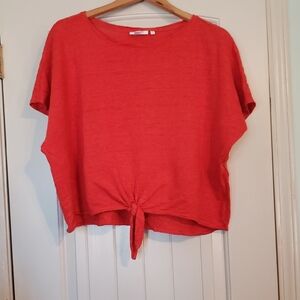 Chico's Cropped Oversized Tie Up 100% Linen Top Blouse Bright Coral Orange 2 L